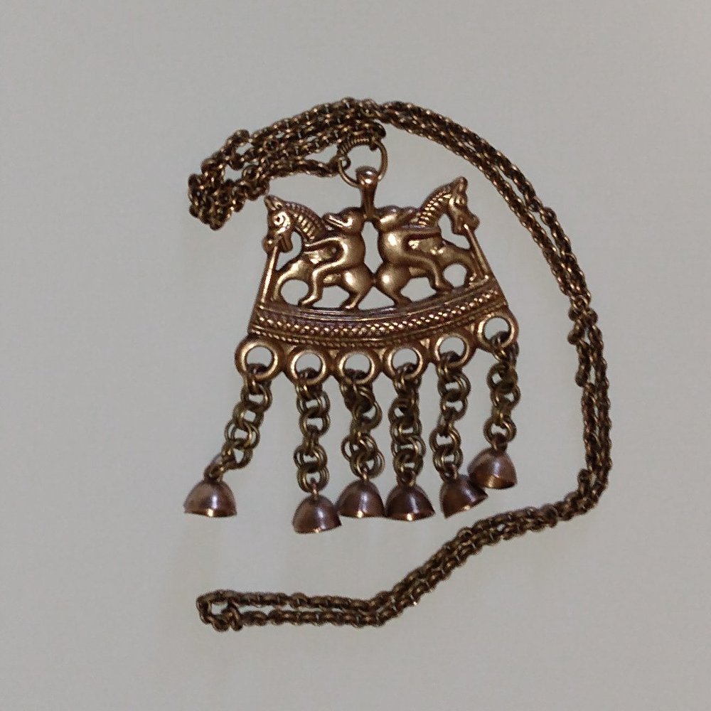Vintage Kalevala Koru BIG Bronze Necklace - medieval - bears, bells, horses